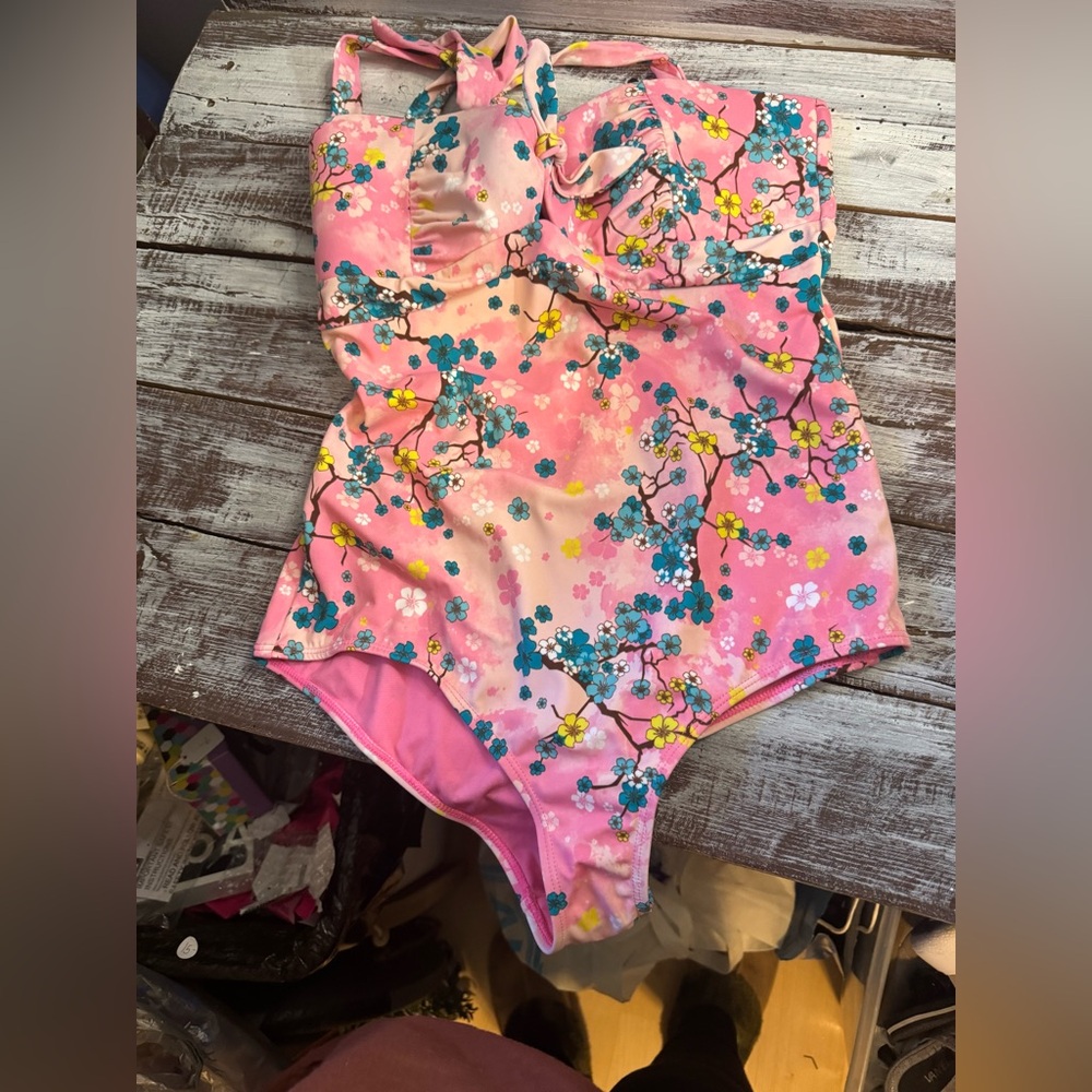 Pink Floral One-Piece Swimsuit with Halter Tie